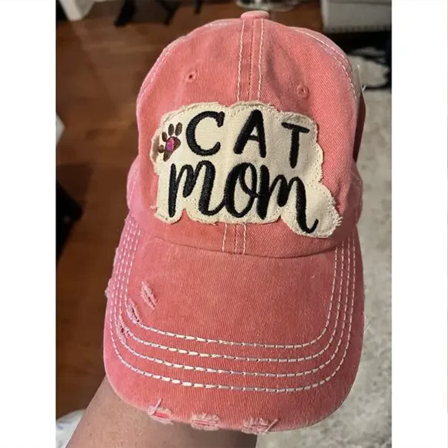 Womens Cat Mom Distressed Hat Cap StrapBack Pink