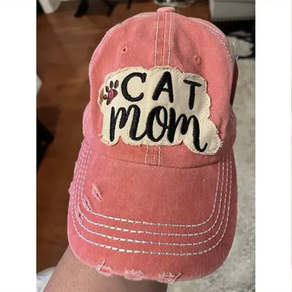 Womens Cat Mom Distressed Hat Cap StrapBack Pink