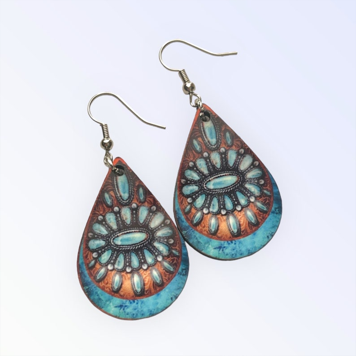 Printed Embossed Carved Leather Turquoise Stone Elegant Floral Print Drop Earrings