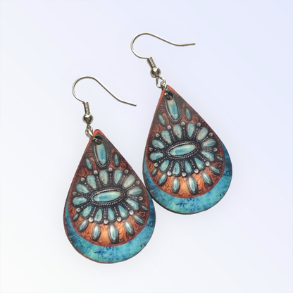 Printed Embossed Carved Leather Turquoise Stone Elegant Floral Print Drop Earrings