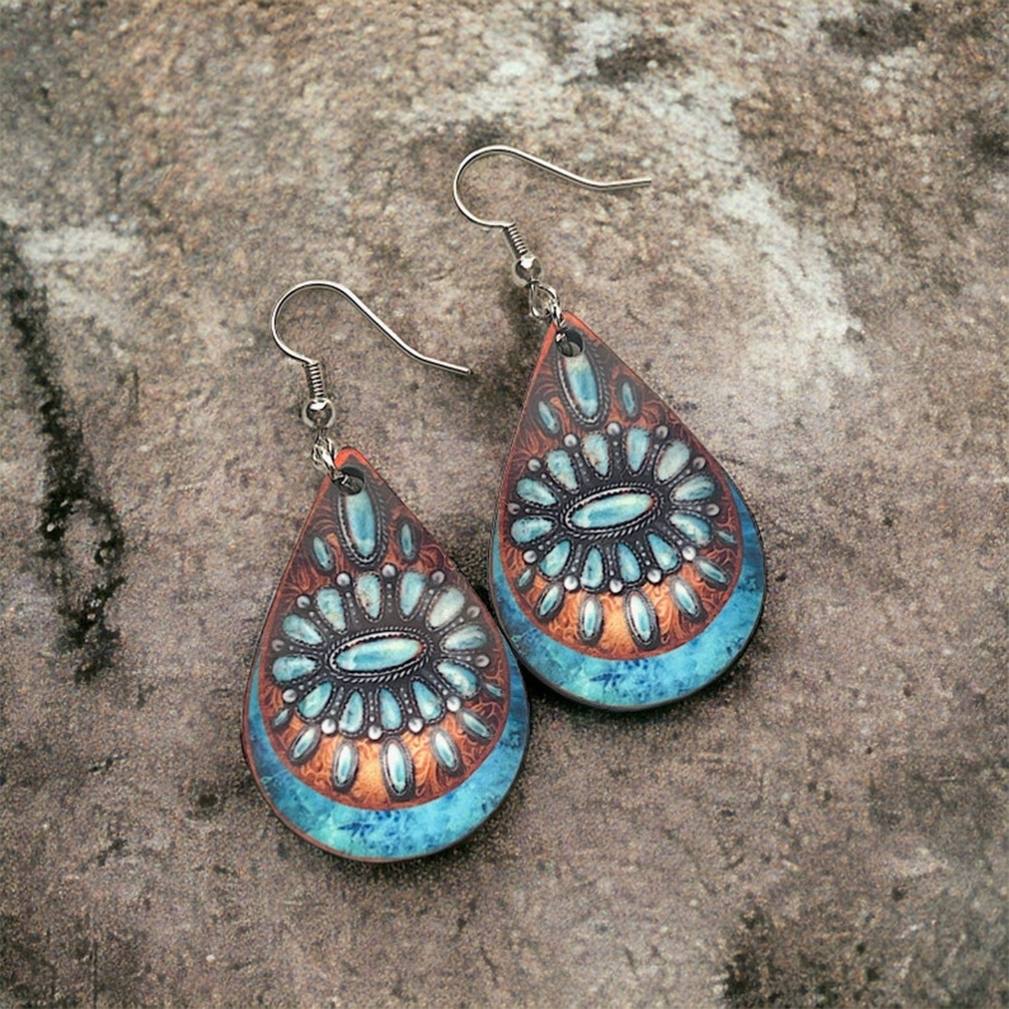 Printed Embossed Carved Leather Turquoise Stone Elegant Floral Print Drop Earrings